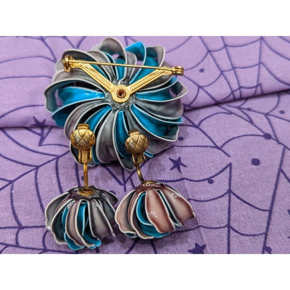 Vintage Unique Teal and Pink/Grey Brooch and Earrings Set, Unmarked - Picture 3 of 6